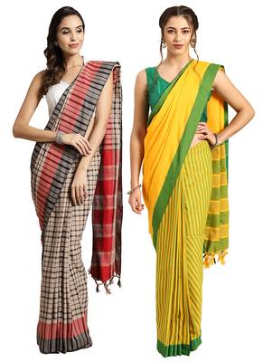 Multicolor woven blended cotton saree with blouse 1