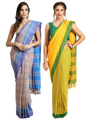 Multicolor woven blended cotton saree with blouse 1