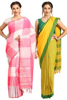 Multicolor woven blended cotton saree with blouse