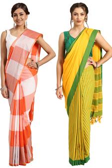 Multicolor woven blended cotton saree with blouse