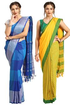Multicolor woven blended cotton saree with blouse