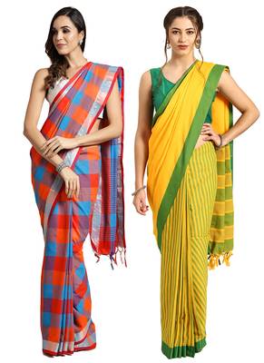 Multicolor woven blended cotton saree with blouse 1