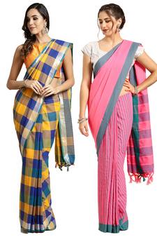 Multicolor woven blended cotton saree with blouse