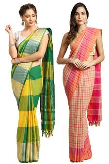 Multicolor woven blended cotton saree with blouse