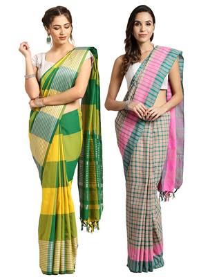 Multicolor woven blended cotton saree with blouse 1