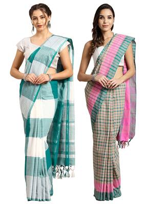 Multicolor woven blended cotton saree with blouse 1