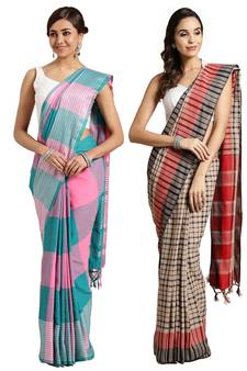 Multicolor woven blended cotton saree with blouse