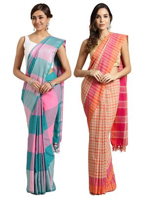 Multicolor woven blended cotton saree with blouse 1