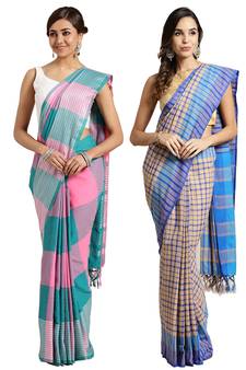 Multicolor woven blended cotton saree with blouse