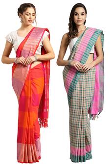 Multicolor woven blended cotton saree with blouse