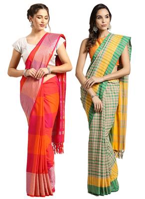 Multicolor woven blended cotton saree with blouse 1