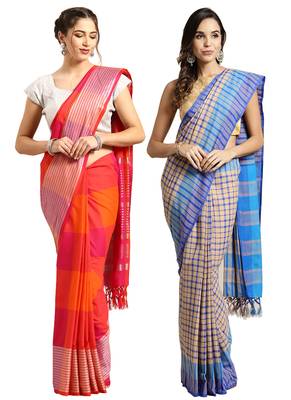 Multicolor woven blended cotton saree with blouse 1