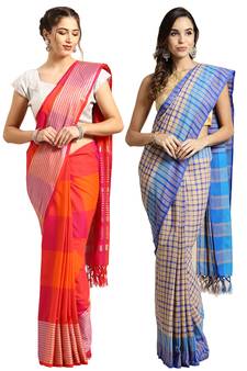 Multicolor woven blended cotton saree with blouse
