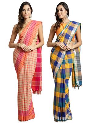Multicolor woven blended cotton saree with blouse 1