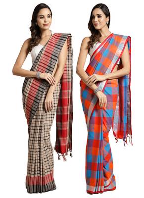 Multicolor woven blended cotton saree with blouse 1