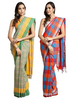 Multicolor woven blended cotton saree with blouse 1