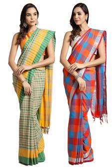 Multicolor woven blended cotton saree with blouse
