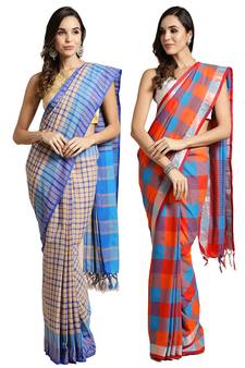 Multicolor woven blended cotton saree with blouse