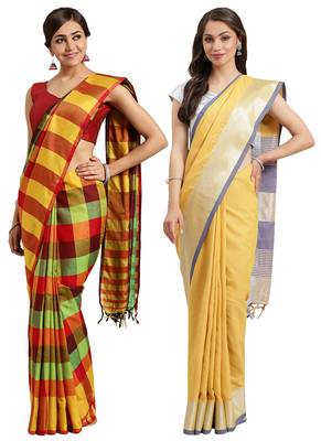 Multicolor woven blended cotton saree with blouse 1