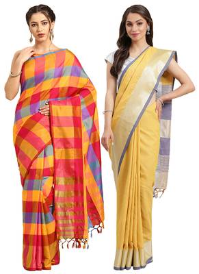 Multicolor woven blended cotton saree with blouse 1