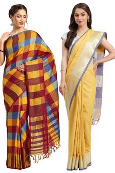 Multicolor woven blended cotton saree with blouse