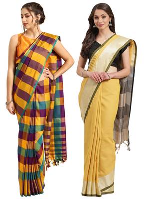 Multicolor woven blended cotton saree with blouse 1