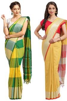 Multicolor woven blended cotton saree with blouse