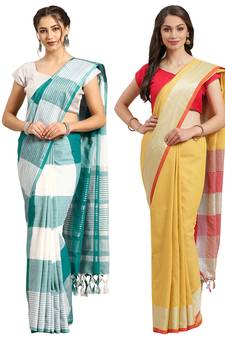 Multicolor woven blended cotton saree with blouse