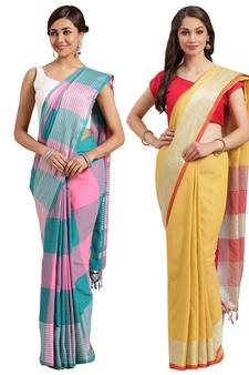 Multicolor woven blended cotton saree with blouse
