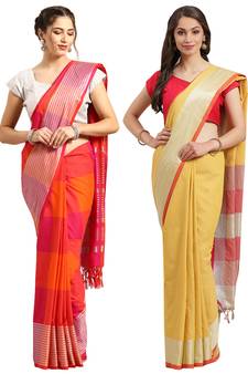 Multicolor woven blended cotton saree with blouse