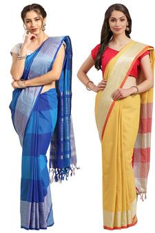 Multicolor woven blended cotton saree with blouse