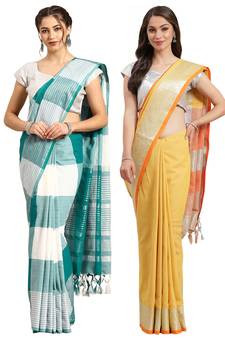 Multicolor woven blended cotton saree with blouse