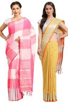 Multicolor woven blended cotton saree with blouse