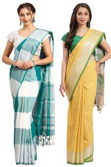 Multicolor woven blended cotton saree with blouse