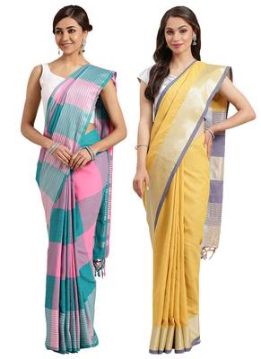 Multicolor woven blended cotton saree with blouse 1