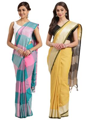 Multicolor woven blended cotton saree with blouse 1
