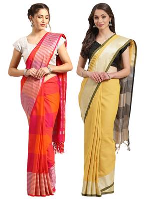 Multicolor woven blended cotton saree with blouse 1