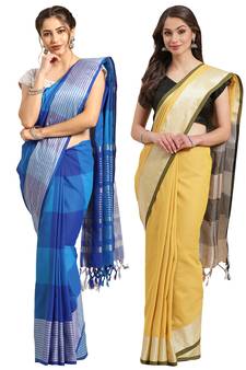 Multicolor woven blended cotton saree with blouse