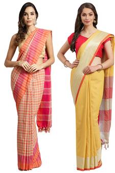 Multicolor woven blended cotton saree with blouse