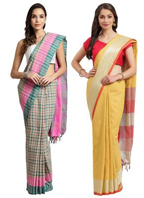 Multicolor woven blended cotton saree with blouse 1