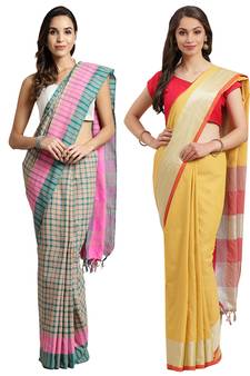 Multicolor woven blended cotton saree with blouse