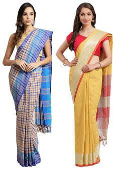Multicolor woven blended cotton saree with blouse