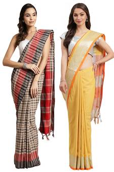 Multicolor woven blended cotton saree with blouse