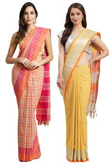 Multicolor woven blended cotton saree with blouse