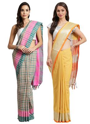 Multicolor woven blended cotton saree with blouse 1