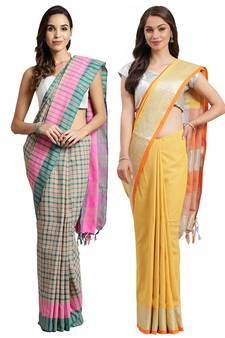Multicolor woven blended cotton saree with blouse