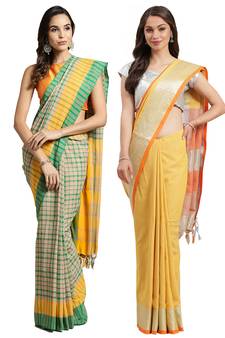 Multicolor woven blended cotton saree with blouse