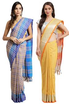 Multicolor woven blended cotton saree with blouse
