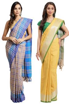 Multicolor woven blended cotton saree with blouse