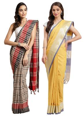 Multicolor woven blended cotton saree with blouse 1